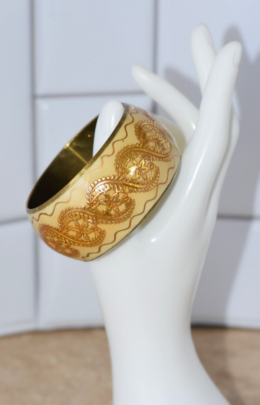 Broad and Wide Gold Filigree Brass & Enamel Bangle Bracelet Cuff